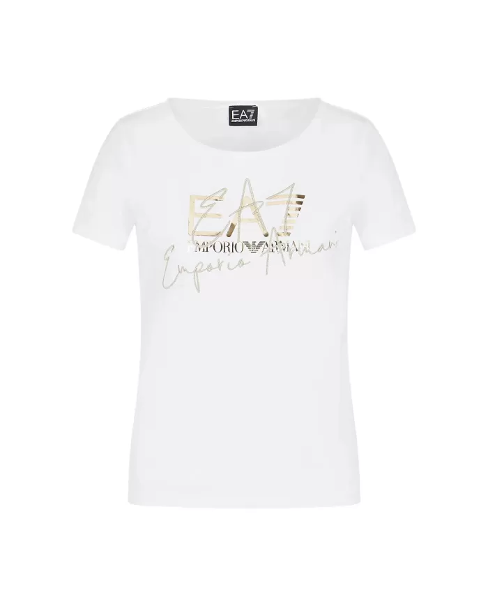 t-shirt bianca da donna con stampa logata e dettaglio ricamato | EA7 t-shirt bianca da donna con stampa logata e dettaglio ricamato | EA7