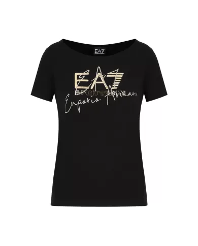 t-shirt nera da donna con stampa logata e dettaglio ricamato | EA7 t-shirt nera da donna con stampa logata e dettaglio ricamato | EA7