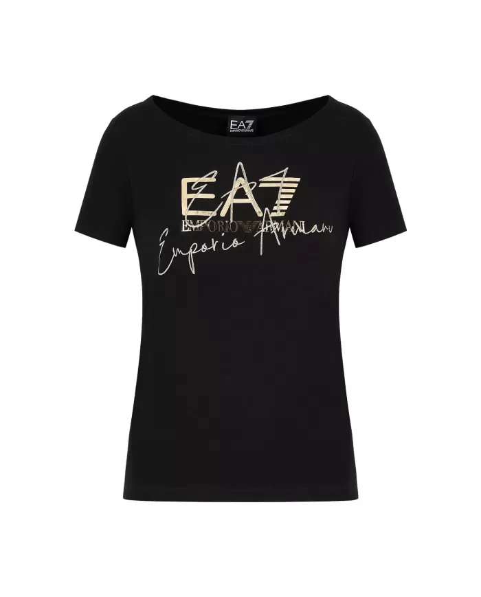 t-shirt nera da donna con stampa logata e dettaglio ricamato | EA7 t-shirt nera da donna con stampa logata e dettaglio ricamato | EA7