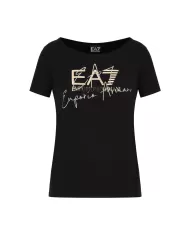 t-shirt nera da donna con stampa logata e dettaglio ricamato | EA7