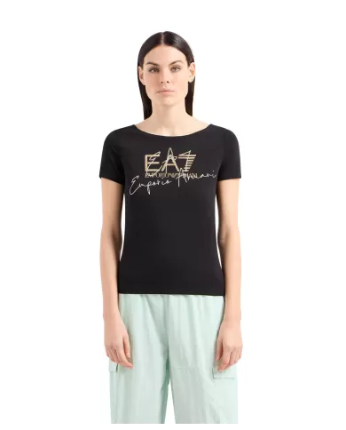 t-shirt nera da donna con stampa logata e dettaglio ricamato | EA7 t-shirt nera da donna con stampa logata e dettaglio ricamato | EA7