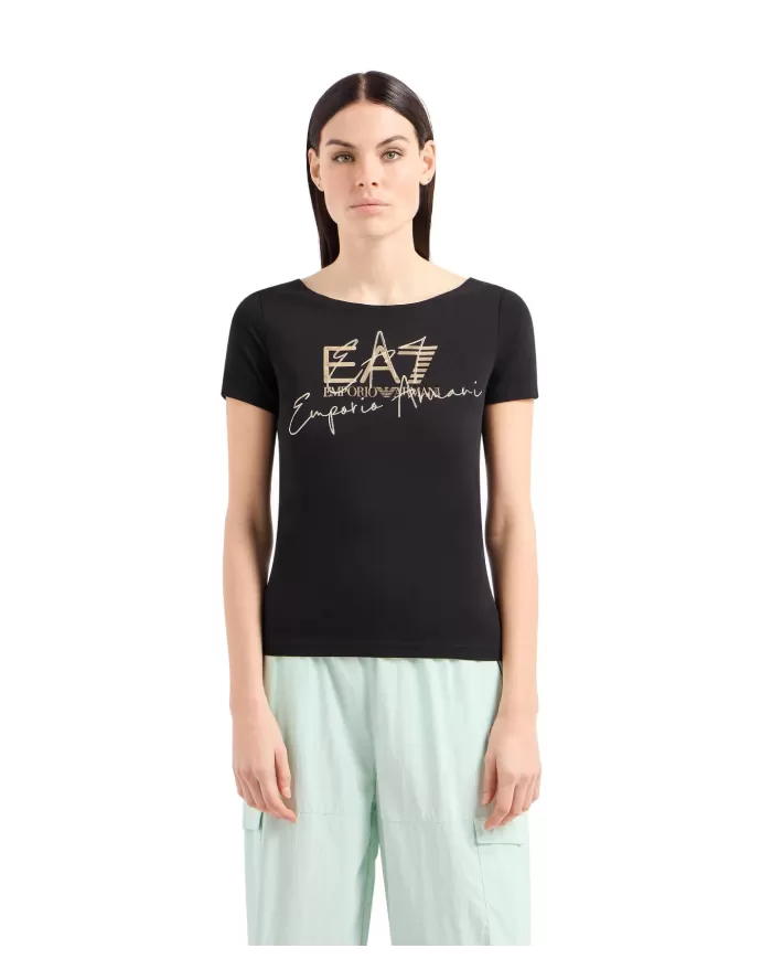 t-shirt nera da donna con stampa logata e dettaglio ricamato | EA7 t-shirt nera da donna con stampa logata e dettaglio ricamato | EA7