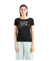 t-shirt nera da donna con stampa logata e dettaglio ricamato | EA7