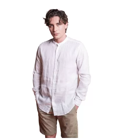 camicia slim bianca da uomo in lino con colletto coreano | IMPURE