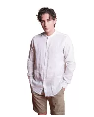 camicia slim bianca da uomo in lino con colletto coreano | IMPURE