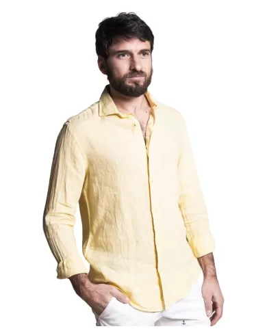 camicia slim gialla da uomo in lino con colletto francese | IMPURE