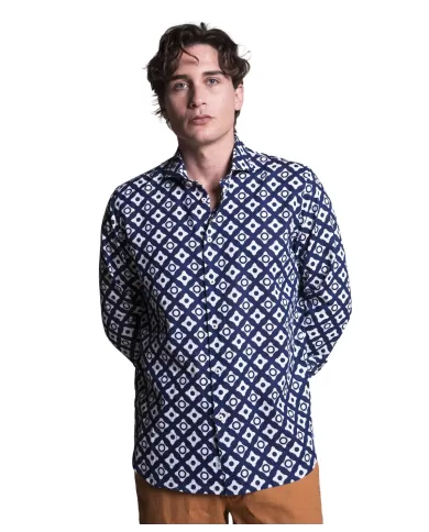 camicia navy da uomo in lino con fantasia all-over | IMPURE