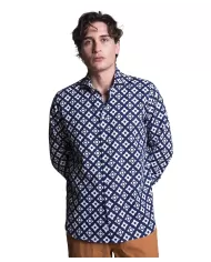 camicia navy da uomo in lino con fantasia all-over | IMPURE