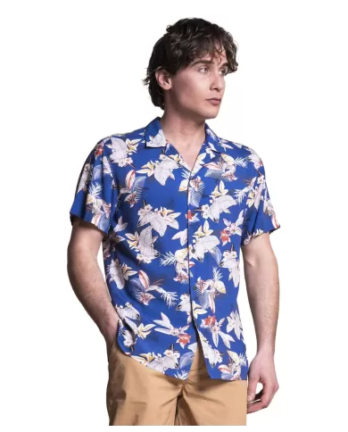 camicia da bowling blu da uomo con fantasia hawaiana | IMPURE