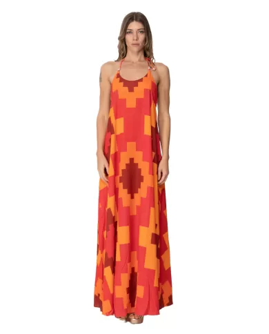 ME FUI Abito Donna MF23-0376X1 P-EM PL lungo con fantasia geometrica e gonna svasata 01 ARANCIO ME FUI Abito Donna MF23-0376X1 P-EM PL lungo con fantasia geometrica e gonna svasata 01 ARANCIO