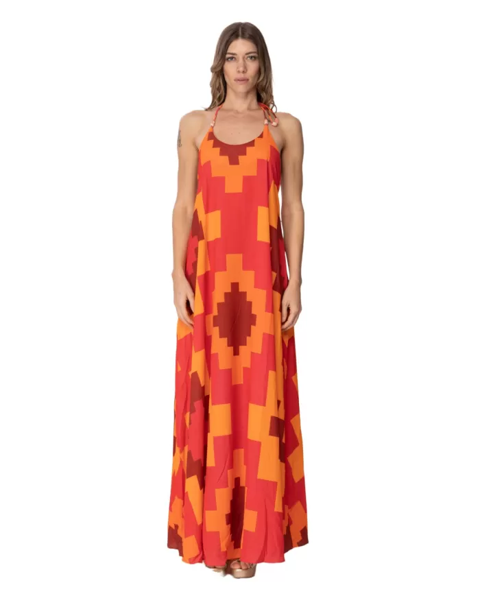 ME FUI Abito Donna MF23-0376X1 P-EM PL lungo con fantasia geometrica e gonna svasata 01 ARANCIO ME FUI Abito Donna MF23-0376X1 P-EM PL lungo con fantasia geometrica e gonna svasata 01 ARANCIO