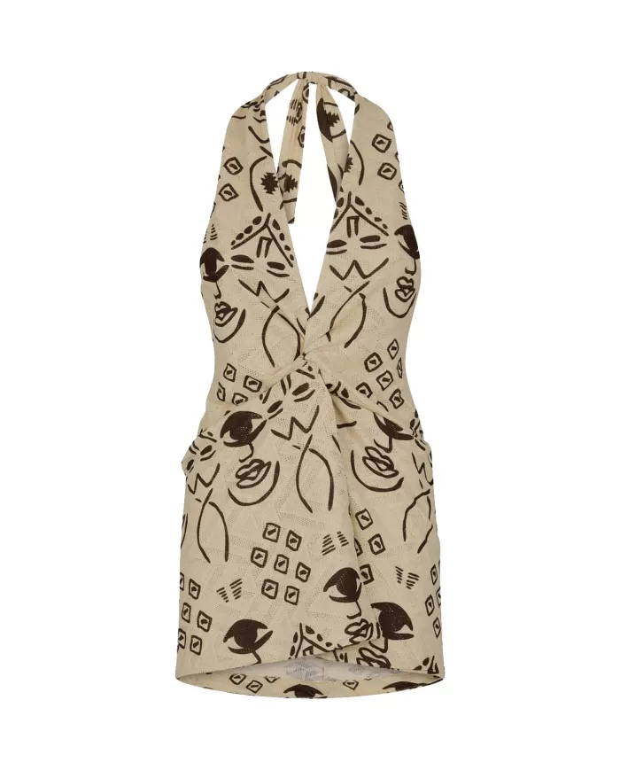 abito corto beige da donna con fantasia tribale | ME FUI abito corto beige da donna con fantasia tribale | ME FUI