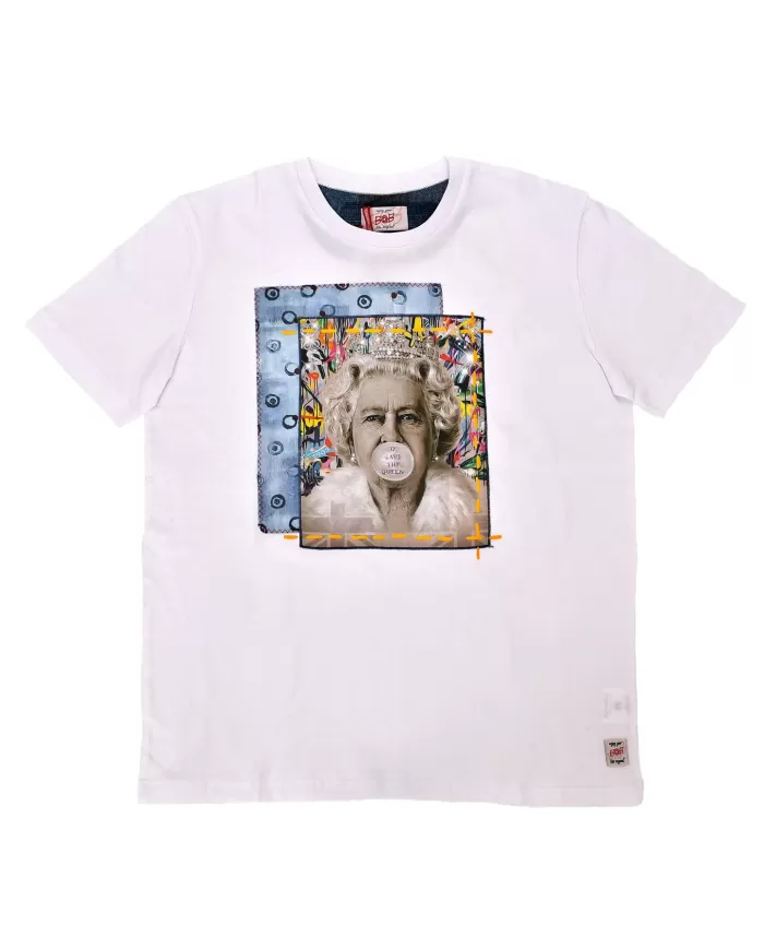t-shirt bianca da uomo con stampa ELIZABETH QUEEN e RICAMI | BOB