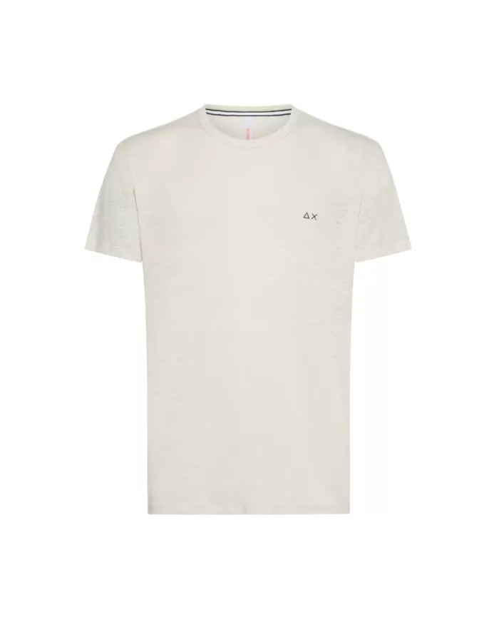 t-shirt bianco panna da uomo con logo ricamato sul petto | SUN68 t-shirt bianco panna da uomo con logo ricamato sul petto | SUN68