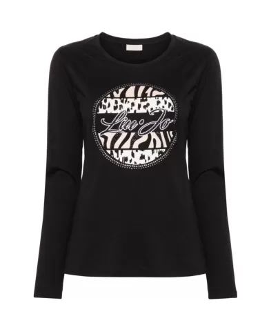 t-shirt nera da donna con stampa logata con strass | LIU JO t-shirt nera da donna con stampa logata con strass | LIU JO