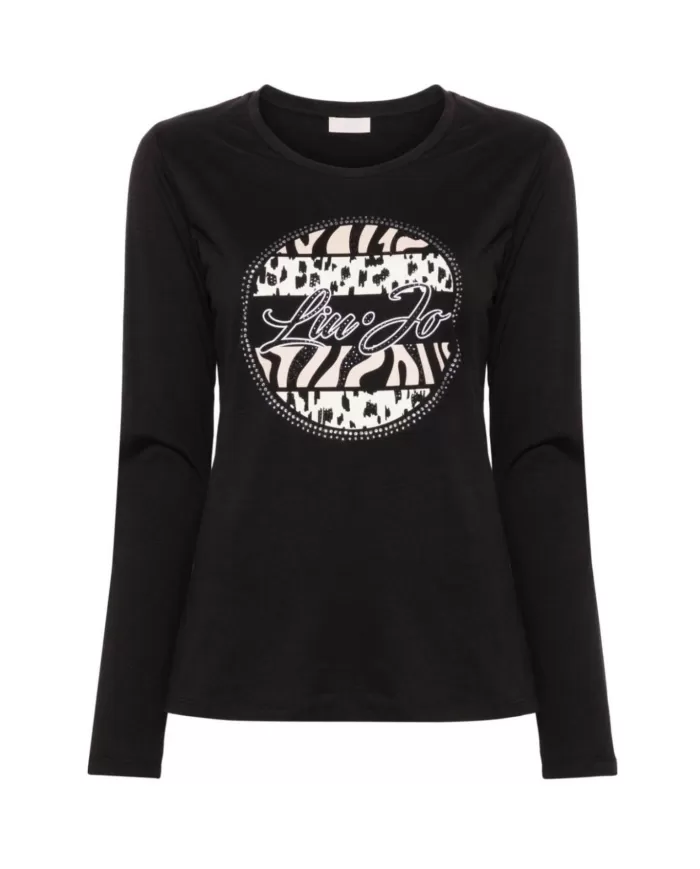 t-shirt nera da donna con stampa logata con strass | LIU JO t-shirt nera da donna con stampa logata con strass | LIU JO