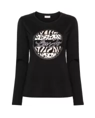 t-shirt nera da donna con stampa logata con strass | LIU JO
