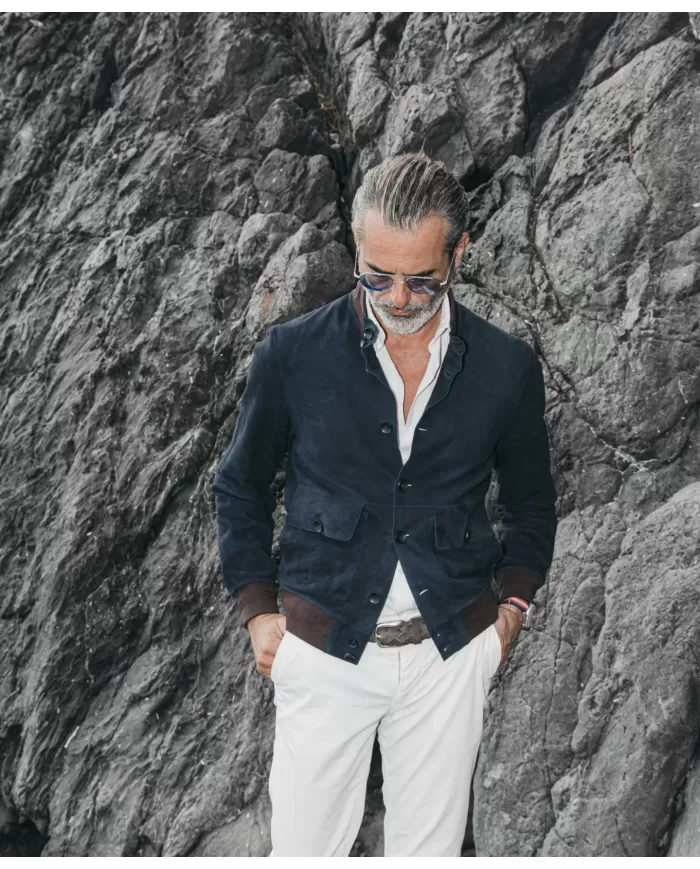 THE JACK LEATHERS Bomber Uomo RIVERSIDE SEAMLESS P-EM pelle collo e bordi maglia elastica 09 DARK BLUE THE JACK LEATHERS Bomber Uomo RIVERSIDE SEAMLESS P-EM pelle collo e bordi maglia elastica 09 DARK BLUE