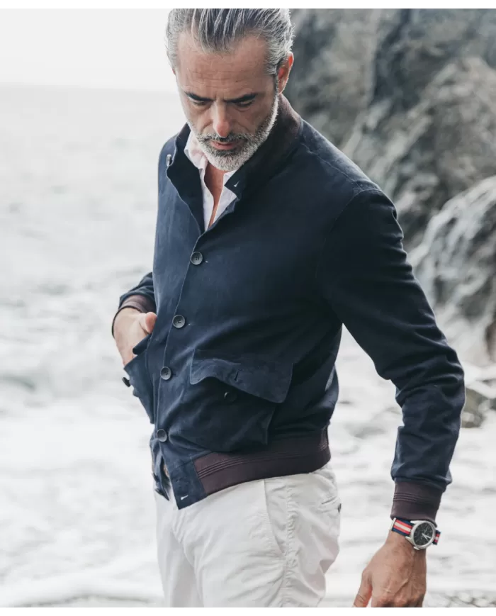 THE JACK LEATHERS Bomber Uomo RIVERSIDE SEAMLESS P-EM pelle collo e bordi maglia elastica 09 DARK BLUE THE JACK LEATHERS Bomber Uomo RIVERSIDE SEAMLESS P-EM pelle collo e bordi maglia elastica 09 DARK BLUE