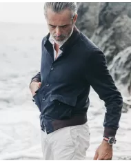 THE JACK LEATHERS Bomber Uomo RIVERSIDE SEAMLESS P-EM pelle collo e bordi maglia elastica 09 DARK BLUE