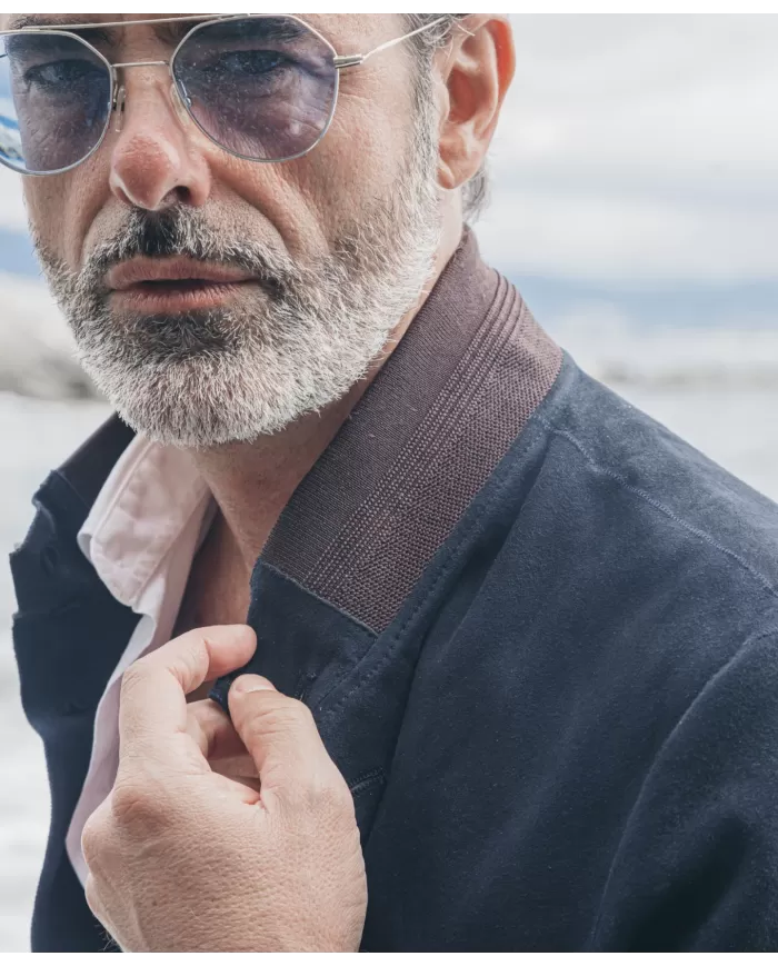 THE JACK LEATHERS Bomber Uomo RIVERSIDE SEAMLESS P-EM pelle collo e bordi maglia elastica 09 DARK BLUE