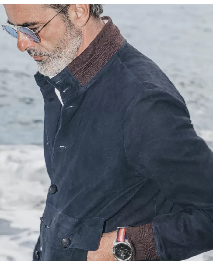 THE JACK LEATHERS Bomber Uomo RIVERSIDE SEAMLESS P-EM pelle collo e bordi maglia elastica 09 DARK BLUE