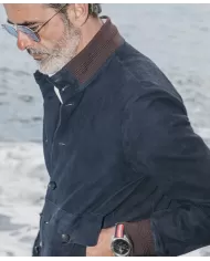 THE JACK LEATHERS Bomber Uomo RIVERSIDE SEAMLESS P-EM pelle collo e bordi maglia elastica 09 DARK BLUE