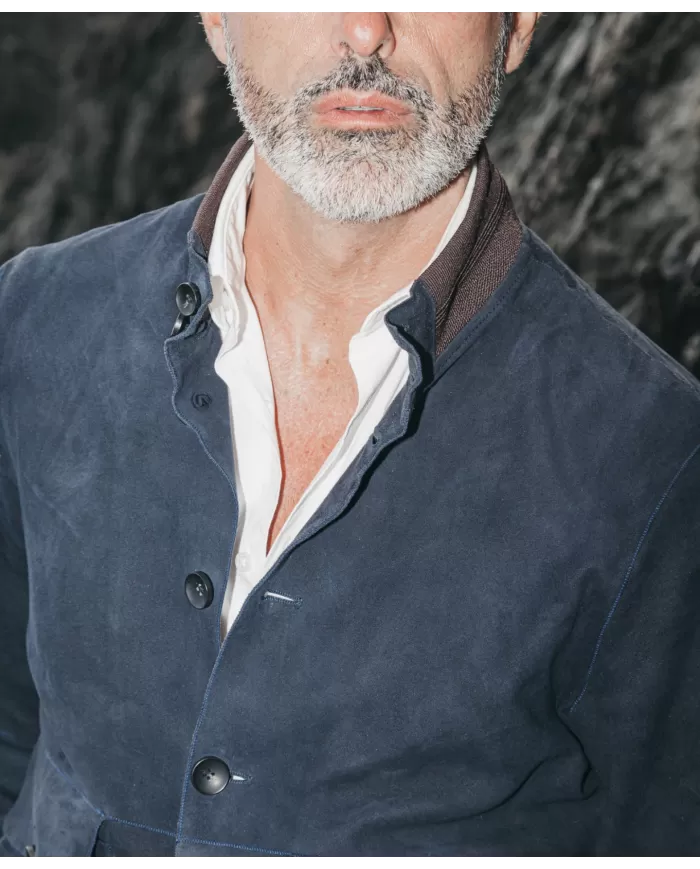 THE JACK LEATHERS Bomber Uomo RIVERSIDE SEAMLESS P-EM pelle collo e bordi maglia elastica 09 DARK BLUE