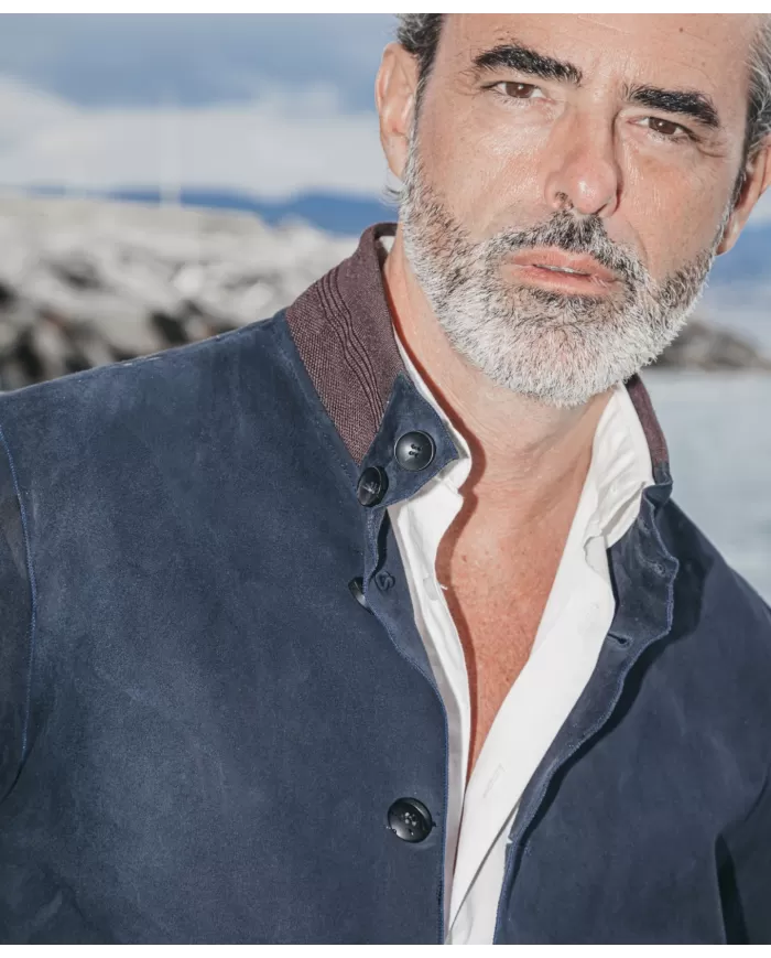 THE JACK LEATHERS Bomber Uomo RIVERSIDE SEAMLESS P-EM pelle collo e bordi maglia elastica 09 DARK BLUE