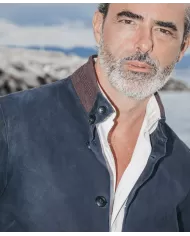 THE JACK LEATHERS Bomber Uomo RIVERSIDE SEAMLESS P-EM pelle collo e bordi maglia elastica 09 DARK BLUE