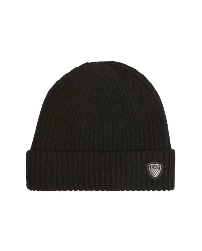 Berretto uomo a cuffia nero con stemma sul risvolto 240131 4F202| EA7