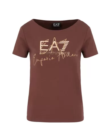 T-shirt donna marrone in cotone con stampa dorata 6DTT19 TJQCZ| EA7 T-shirt donna marrone in cotone con stampa dorata 6DTT19 TJQCZ| EA7