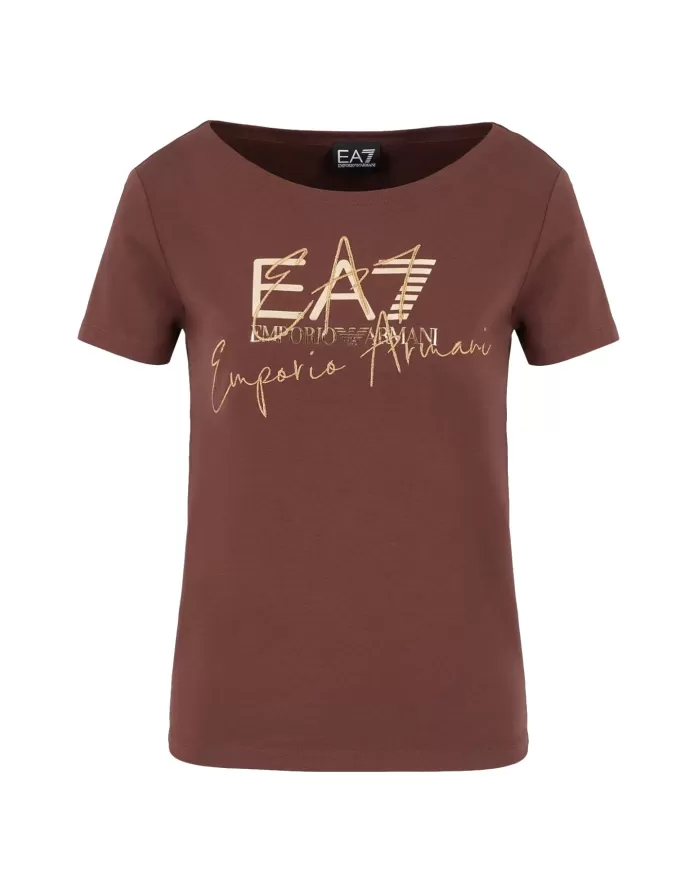 T-shirt donna marrone in cotone con stampa dorata 6DTT19 TJQCZ| EA7 T-shirt donna marrone in cotone con stampa dorata 6DTT19 TJQCZ| EA7