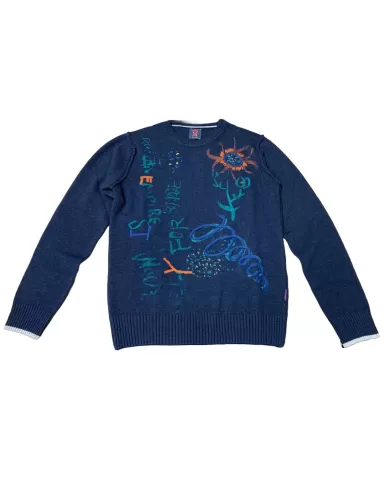 maglia blu da uomo con stampa stile dipinto e ricami | BOB maglia blu da uomo con stampa stile dipinto e ricami | BOB