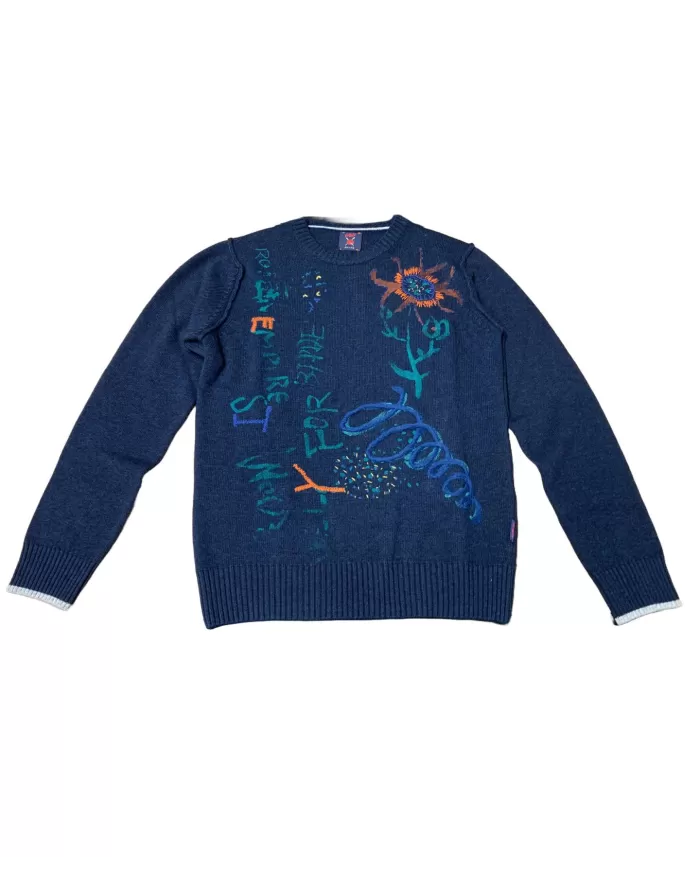 maglia blu da uomo con stampa stile dipinto e ricami | BOB maglia blu da uomo con stampa stile dipinto e ricami | BOB
