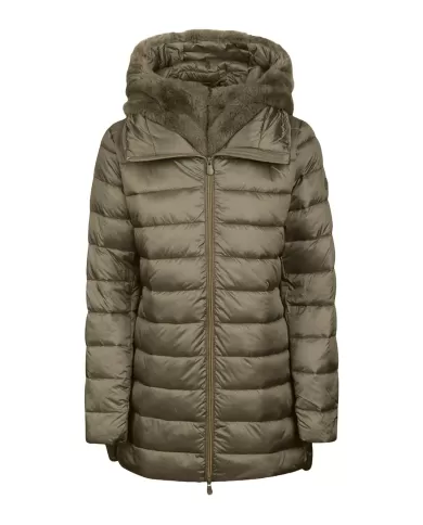 piumino mud grey da donna con cappuccio con pelliccia | SAVE THE DUCK piumino mud grey da donna con cappuccio con pelliccia | SAVE THE DUCK