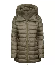 piumino mud grey da donna con cappuccio con pelliccia | SAVE THE DUCK piumino mud grey da donna con cappuccio con pelliccia | SAVE THE DUCK