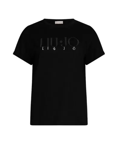 T-shirt Donna nera maxi logo ricamato e pendagli WA5007JS923|LIU JO T-shirt Donna nera maxi logo ricamato e pendagli WA5007JS923|LIU JO