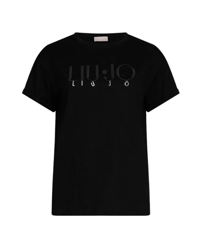 T-shirt Donna nera maxi logo ricamato e pendagli WA5007JS923|LIU JO T-shirt Donna nera maxi logo ricamato e pendagli WA5007JS923|LIU JO
