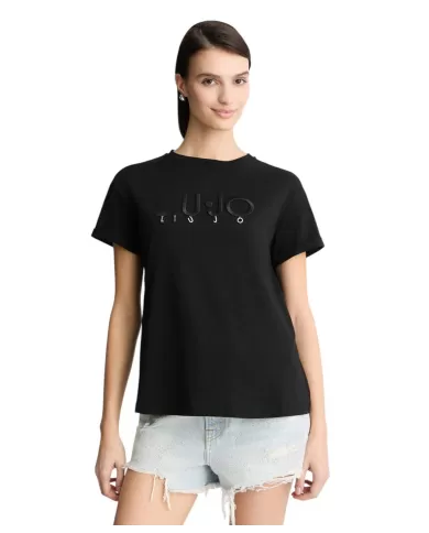 T-shirt Donna nera maxi logo ricamato e pendagli WA5007JS923|LIU JO T-shirt Donna nera maxi logo ricamato e pendagli WA5007JS923|LIU JO