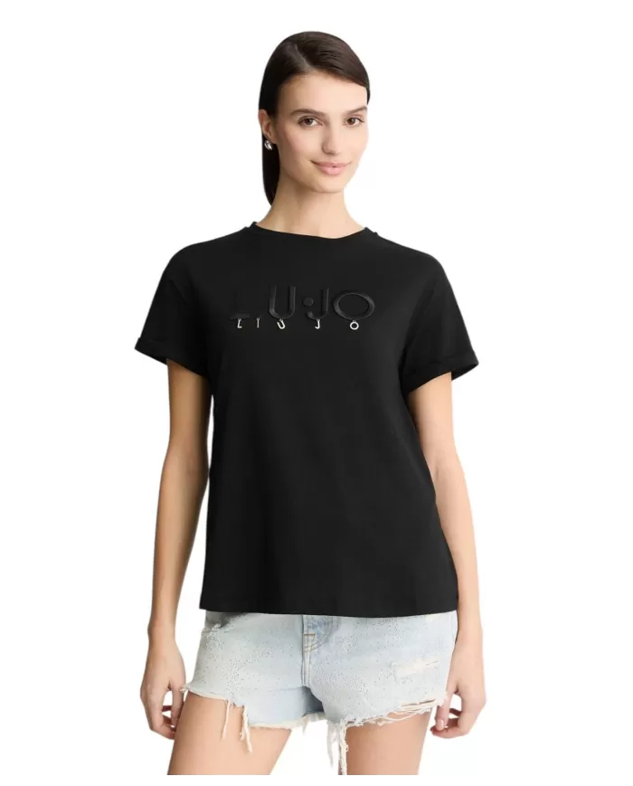 T-shirt Donna nera maxi logo ricamato e pendagli WA5007JS923|LIU JO T-shirt Donna nera maxi logo ricamato e pendagli WA5007JS923|LIU JO