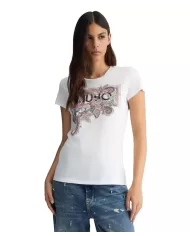 T-shirt Donna stampa floreale con logo e strass WA5240JS923|LIU JO T-shirt Donna stampa floreale con logo e strass WA5240JS923|LIU JO