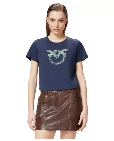T-shirt Donna blu con maxi logo cristalli 100535 A2G7 QUENTIN|PINKO T-shirt Donna blu con maxi logo cristalli 100535 A2G7 QUENTIN|PINKO