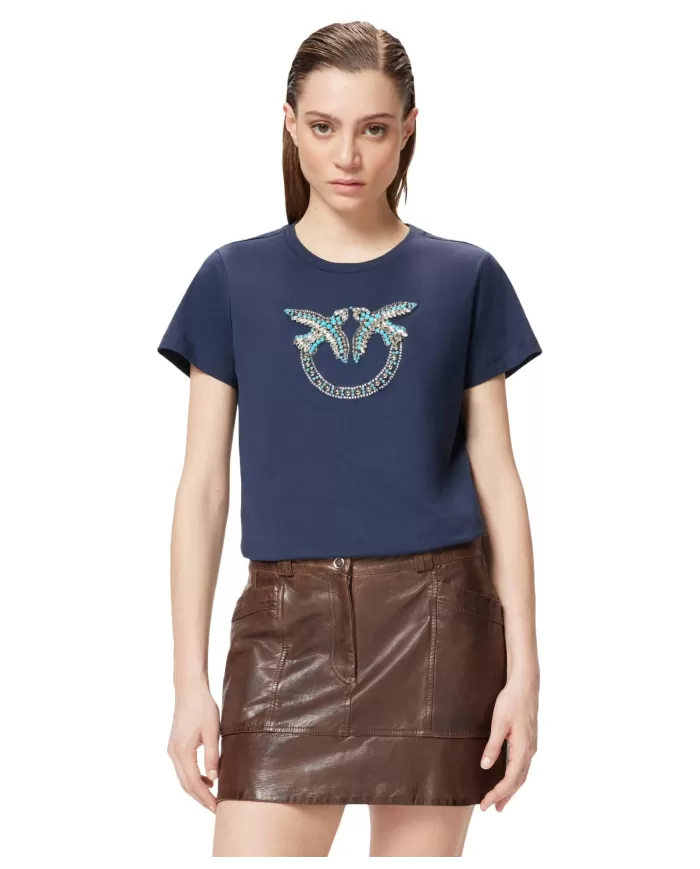 T-shirt Donna blu con maxi logo cristalli 100535 A2G7 QUENTIN|PINKO T-shirt Donna blu con maxi logo cristalli 100535 A2G7 QUENTIN|PINKO