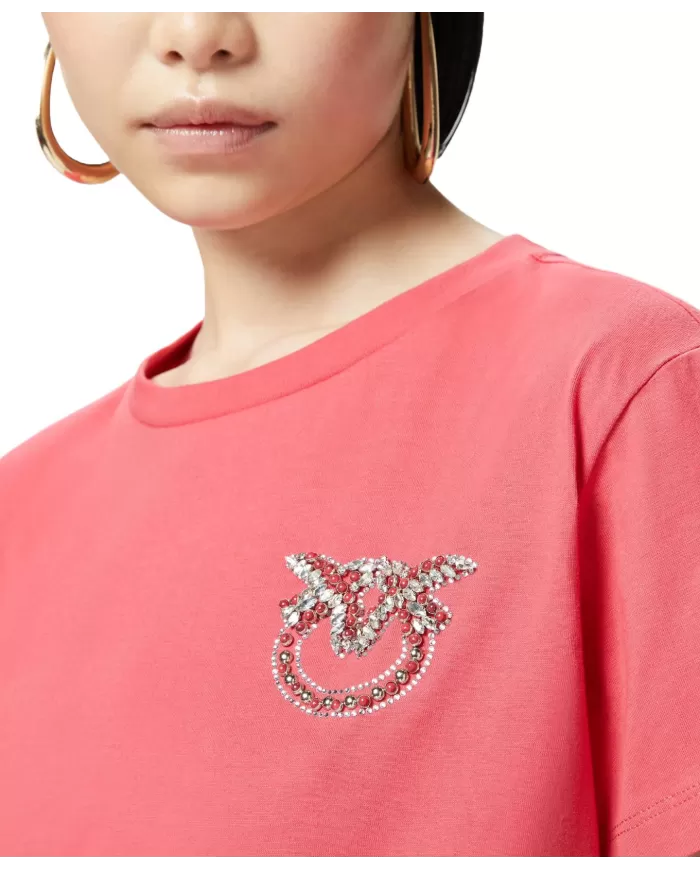 PINKO T-shirt Donna 103320 A2G7 NAMBRONE in cotone con logo ricamo gioiello O57 ROSSO