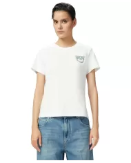 PINKO T-shirt Donna 103320 A2G7 NAMBRONE in cotone con logo ricamo gioiello Z05 BIANCO