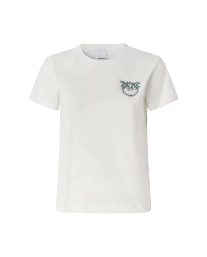 PINKO T-shirt Donna 103320 A2G7 NAMBRONE in cotone con logo ricamo gioiello Z05 BIANCO