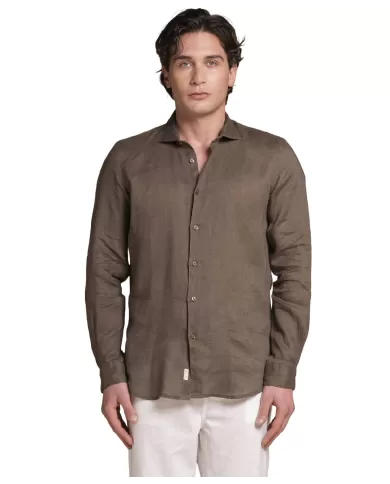 Camicia Uomo marrone in lino con scollo francese RIILEY|IMPURE Camicia Uomo marrone in lino con scollo francese RIILEY|IMPURE
