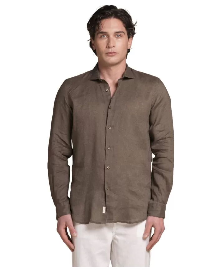 Camicia Uomo marrone in lino con scollo francese RIILEY|IMPURE Camicia Uomo marrone in lino con scollo francese RIILEY|IMPURE