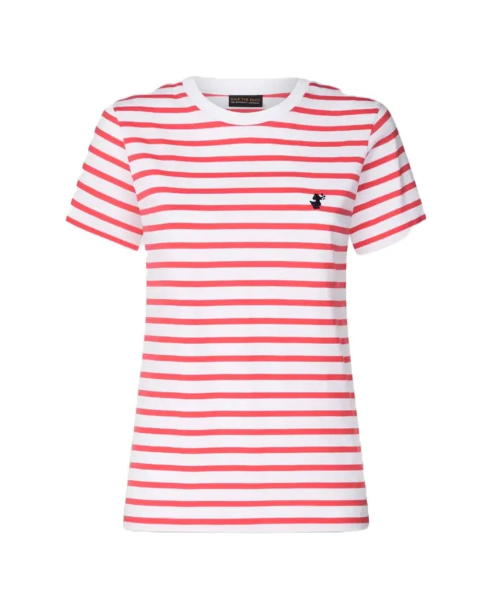 SAVE THE DUCK T-shirt Donna DT1744W BESY20 KOVA PE 2025 in cotone con motivo rigato 70001 FLAME RED SAVE THE DUCK T-shirt Donna DT1744W BESY20 KOVA PE 2025 in cotone con motivo rigato 70001 FLAME RED